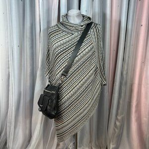 Lightweight Black, Brown & White Striped Pullover Knit Poncho